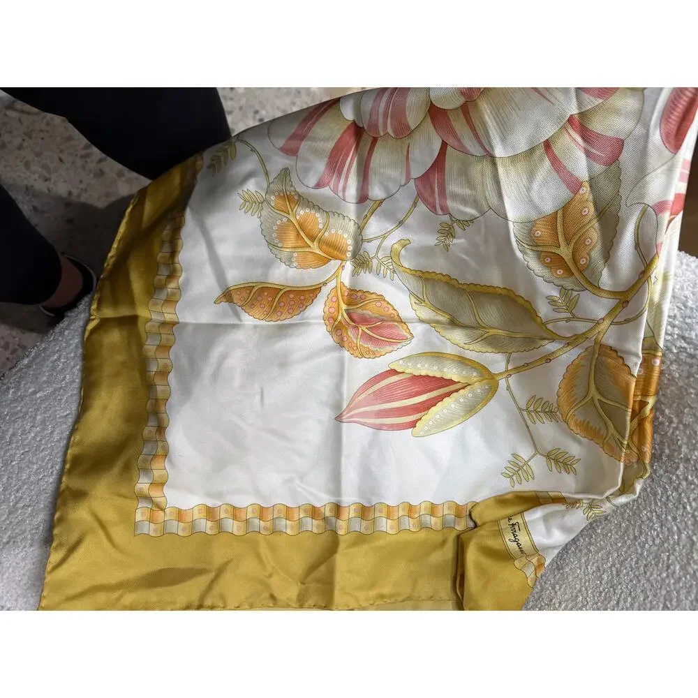 Salvatore Ferragamo Silk Scarf Floral Print Gold Border 34” Square Vintage Italy